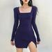 Women's Trend Long Sleeve Square Collar Split Dress Solid Color Sheath Casual Party Mini Sheath Dress