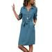 Women's Button Lapel Neck Half Placket Long Sleeve Midi Shirt Dress Lace Up Waist Long Tops Shirt Sundress