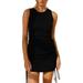 Women's Ruched Drawstring Bodycon Dress Sleeveless Rib Knit Bodycon Tank Dress Solid Short Mini Dresses