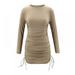 Ladies Sexy Round Neck Solid Color Ruffled Tie Drawstring Long Sleeve Casual Dress,Brown