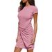 Women Short Sleeve Slim Ruched Waistband Dress Crew Neck Mid-Length Dress