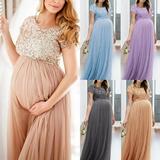 Women's Short Sleeve Maternity Long Dress Summer Lace Maxi Dresses