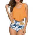 2pcs Women Print Ruffle Bikini Set High Waist Split Swimsuit (Yellow XL)