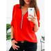 Plus Size S-5XL V Neck Zip up Casual Tops Roll-Up Long Sleeve T-shirts Oversized Loose Ladies Shirt Blouses Fashion Style Top