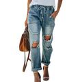 Women Loose Jeans Loose Denim Pants Relaxed Drawstring Destroyed Ripped Trouser