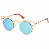 CATWALK Womens Cat Eye Metal Cut Out Fashion Frame Round Sunglasses with Mirror Flash Lens Option - Mirror Blue Lens on Gold Frame