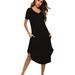 Womens Long Nightdress Ankle-Length Nightgowns Short Sleeve V Neck Loungewear Pajamas Sleepwear with 2 Pockets,Sleep Shirt ,Casual Cotton Plus Size Sleepdress for Girls House Dress,Black S-2XL