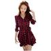 Spftem Fashion Casual Women V-Neck Long Sleeve Mini Dress Sashes Plaid Slim Dress