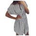 ClodeEU Fashion Womens Drawstring Bandage Short Sleeve Stripe Print Lapel Shirt Dress
