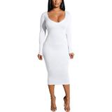 Women Sexy Scoop Neck Long Sleeve Back Hollow Out Ruched Mid-Calf Dress