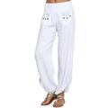 Summer Ladies Loose Pants Elastic Waist Pleated Button Plain Palazzo Pants Baggy Bach Long Pants with Pocket