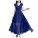 Spftem Women Fashion Casual Solid V-Neck Asymmetric Hem Short Sleeve Chiffon Long Dress