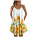 Mnycxen Women's Sexy Summer Dress Women Print Sleeveless Spaghetti Strap Double Breasted Plain Shift Dress