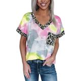 Women's V-neck Short-Sleeved Tie-Dyed Printed Rainbow Gradient Leopard Cotton T-shirt