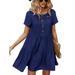 Avamo Women Solid Button Dress Short Sleeve U Neck Frill Midi Dress Ladies Summer Tiered Dress S-XL Dark Blue XL(US 16-18)