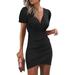 Sexy Dance Solid V-Neck Dress for Women Ladies Slim Fit Mini Dresses Short Sleeve Bodycon Dress Evening Cocktail Party Dress