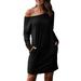 Women's Long Sleeve T-Shirt Dress Black Knee Dress Cold Shoulder Mid-Length Loose Blouse Pocket Long Shirts Casual Work Office Dress Off Shoulder Outfits Workwear