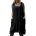 UKAP Casual Beach Kaftan for Women Vintage Fashion Pockets A Line Pinafore Cotton Linen Overall Apron Dress Black XL(US 12-14)