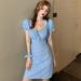 Women's Floral Square Neck Lace Up Sexy Slim Short Sleeves Dresses