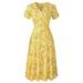 Sexy Dance Women Floral V-Neck Maxi Dress Ladies Summer Wrap Waist Lace Up Casual Ruffle Sun Dress Yellow XL(US 16-18)