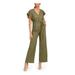 CALVIN KLEIN Womens Green Belted Ruffled Sleeves Solid Short Sleeve V Neck Wide Leg Jumpsuit Size 10