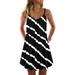 Summer Women Stripe Dress Casual Summer Sleeveless Beach Dress V Neck Swing Pleated Dress Sundress