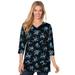 Plus Size Women's Perfect Printed Three-Quarter-Sleeve V-Neck Tunic by Woman Within in Blue Rose Ditsy Bouquet (Size 14/16)