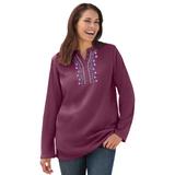 Plus Size Women's Embroidered Thermal Henley Tee by Woman Within in Deep Claret Vine Embroidery (Size L) Long Underwear Top