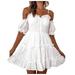 Mchoice Women's Embroidered Hollow Lace Wrapped Strap One-Sleeve Pleated Lace Dress Elegant Pure White Minimalist Design