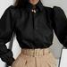 Long Puff Sleeve Turn Down Collar Women Shirt Button Faux Leather Autumn Winter Casual Blouse Tops