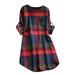 Women's Long Sleeve Casual Check Plaid Midi Dress Plus Size Ladies Evening Party A Line Dresses Flare Round Neck Irregular Hem Tunic Fornt Pocket Women Plus Dresses