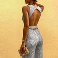 Women's Round-Neck Backless Sleeveless Sexy Sequin Silver Dot Jumpsuit