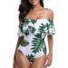 Women's One Piece Swimsuit,Off Shoulder Design with Tropical Tree Printed Pattern and Tiered Flounce Style XL