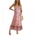 Women's V Neck Boho Maxi Dress, Floral Printed Spaghetti Strap Ethnic Beach Long Dress, Sleeveless Summer Swing Dress, Pink S-XL