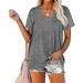 Transer Women Plus Size Casual Short Sleeve Flared Sleeves V-Neck Solid Loose T-Shirt Blouse Tops