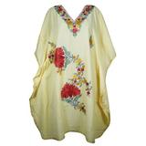 Mogul Women Beige Floral Embroidery Caftan Dress V-Neck Kimono Resort Wear Mid Length Cover Up Kaftan Dresses 2XL