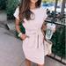 Women's Casual Stripe Tshirt Dress Elegant O Neck Short Sleeve Sashes Pocket Black Pink Sundress Cotton Midi Dress