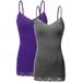 Women's Junior & Plus Adjustable Spaghetti Strap Lace Trim Tunic Tank Top - (2 Pack - Heather Charcoal/D.Purple, Medium)