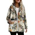 Alloet Flower Women Hooded Coat Long Sleeve Fleece Loose Jacket