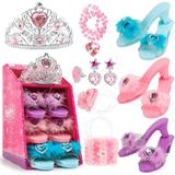 Jaolex Princess Toddler Dress Up Shoes and Pretend Jewelry Toys Accessories Set -3 Pairs of Shoes with Tiara Crown Earrings Necklaces Ring Handbag Role Play Collection Shoes Set for Girls