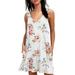 Women Boho Summer Casual T Shirt Dresses Beach Cover up Plain Pleated Tank Dress Sleeveless V Neck Floral Print Sundress Ladies Loose Pockets Mini Dress Rose White M