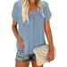 Women Summer Henley V Neck Tops Pleated Tunic Blouse Casual Loose Button Up Shirts Ladies Short Sleeve Tops T-shirt