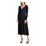 RALPH LAUREN Womens Black Solid Long Sleeve V Neck Tea-Length Trapeze Formal Dress Size 6