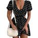 Women Polka Dot Print Mini Dress Summer Casual Short Sleeve Deep V Neck Dresses Sundress