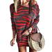 Winnereco Women Striped Print Off Shoulder Dress Long Sleeve Casual Dresses (Red L)