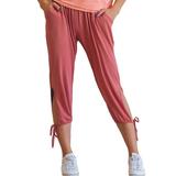 Sexy Dance Women Mid Waist Capris Hollow Out Lacing Ankle Cropped Pants with Pockets Elastic Waist Jogger Yoga Sweatpants