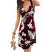 UKAP Floral Print Boho Dresses for Women Sleeveless Sexy V Neck Beach Party Pleated Dress Fashion Elegant Wine Red XXL=US 10