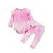 Xingqing Newborn Baby Boys Girls Knitted Tie Dye Long Sleeve Ruffle Romper Tops+Pants Outfits Rose Red 6-12 Months