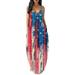 Sexy Dance Women Spaghetti Strap Maxi Dress American Flag National Day Party Sleeveless Irregular Hem Dress with Pockets Size S-XXL