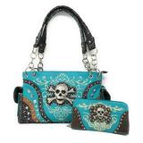 Texas West Rhinestone Embroidered Metal Skull Leather Women's Handbag With Matching Wallets In 7 Colors